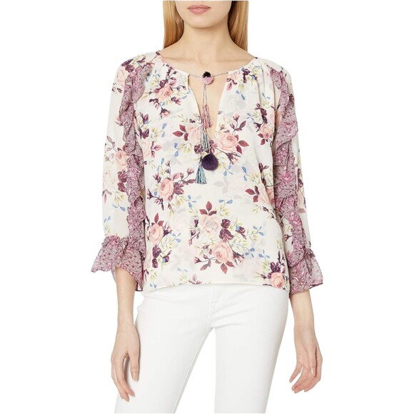 Misa Los Angeles Sia Pink White Chiffon Sheer Floral Blouse Women’s Small - Picture 1 of 10
